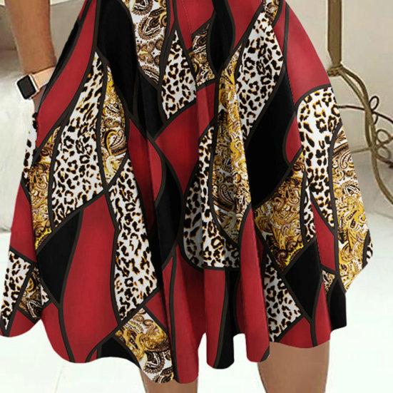 Ladies Dress Zipper Decor Belted Tight Waist Color Matching Print Round Neck Pockets Three Quarter Sleeve A-line Loose Hem Spring Fall Mini Dress