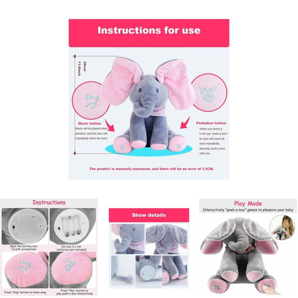 Adorable Peek-a-boo Elephant Singing Baby Plush Toy For Kids In Pink And Gray