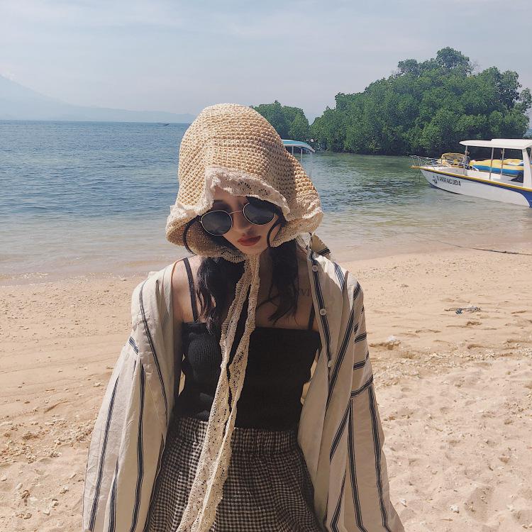 Соломенная шляпа женская летняя кружевная завязка пляжная шляпа маленькая свежая морской отдых солнцезащитный козырек шляпа завязка