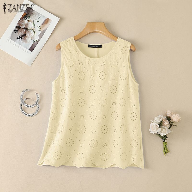 ZANZEA Женские Повседневные Круглый Вырез Без Рукавов Кружево Крючком Пэчворк Свободные Жилеты Топы