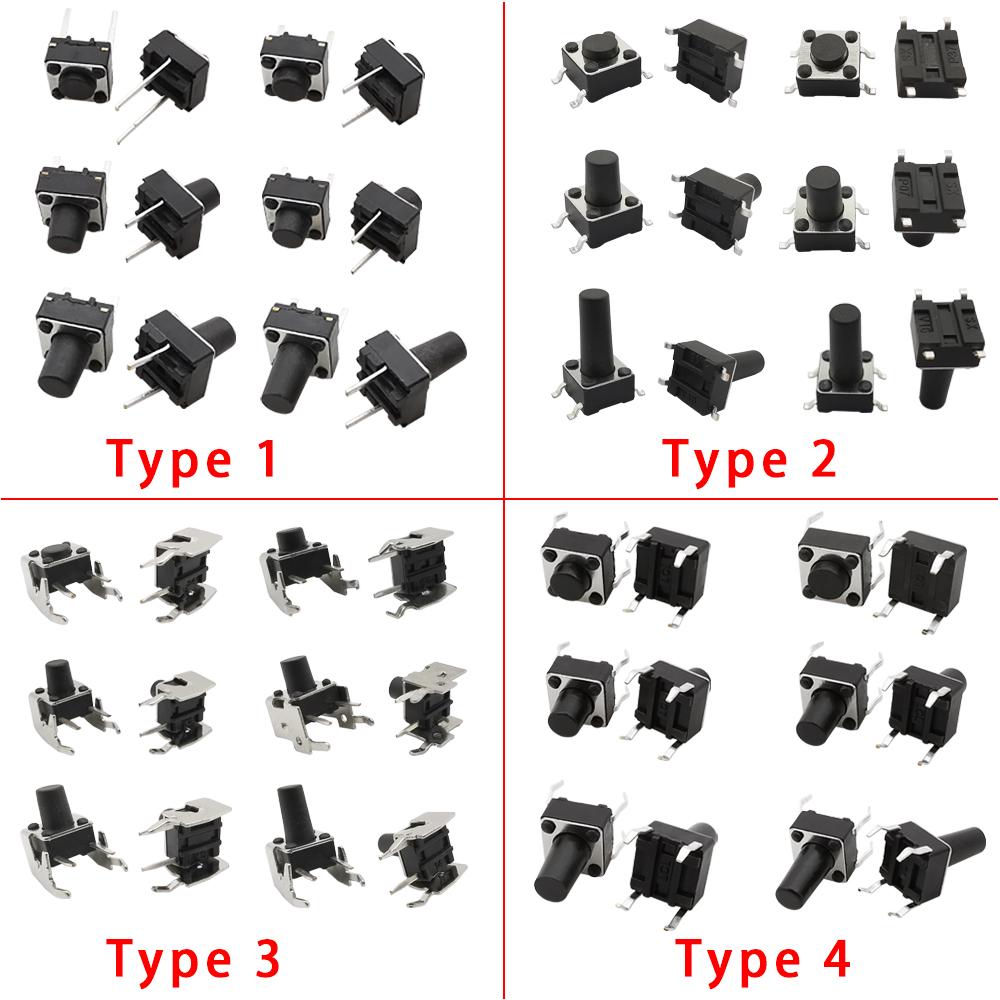 50Pcs 4 Types 6X6mm Series Tactile Switches 6*6*4.3/5/6/7/8/9/10/11/12/13mm 2/4Pin DIP SMT Micro Tactile Push Button Key Switch Switches4