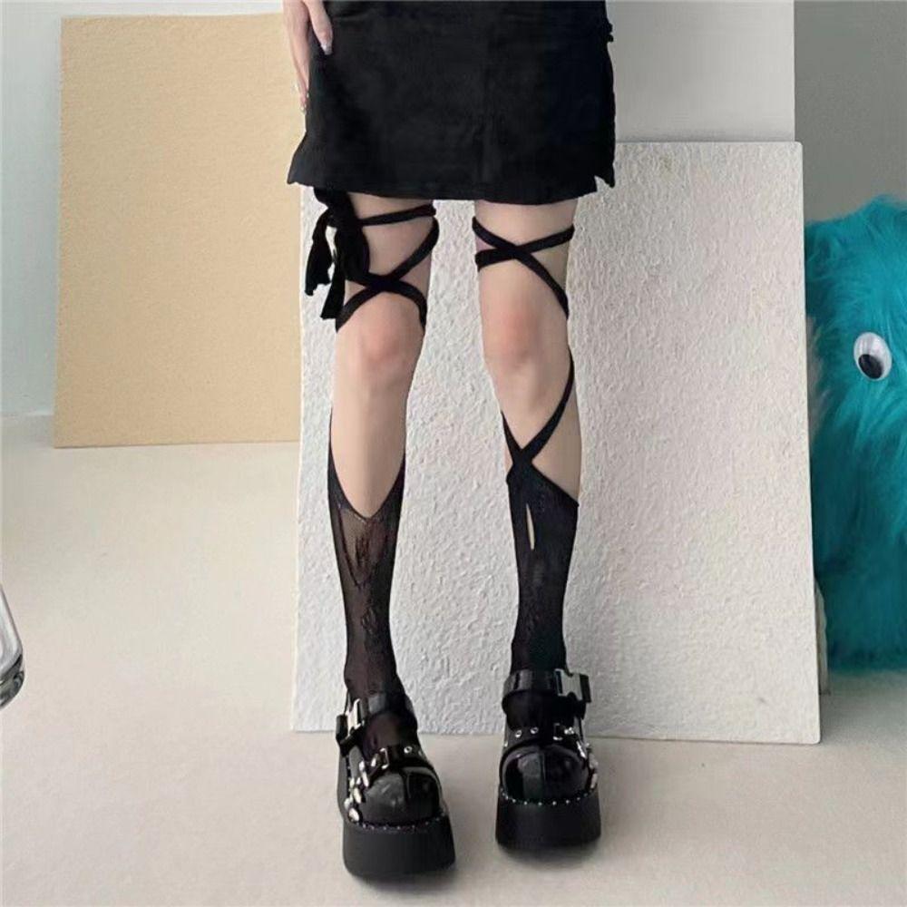 2Pairs Irregular Straps JK Lace-up Stockings Hollow Mid Tube Socks Women Lolita Lace Stockings  Gift