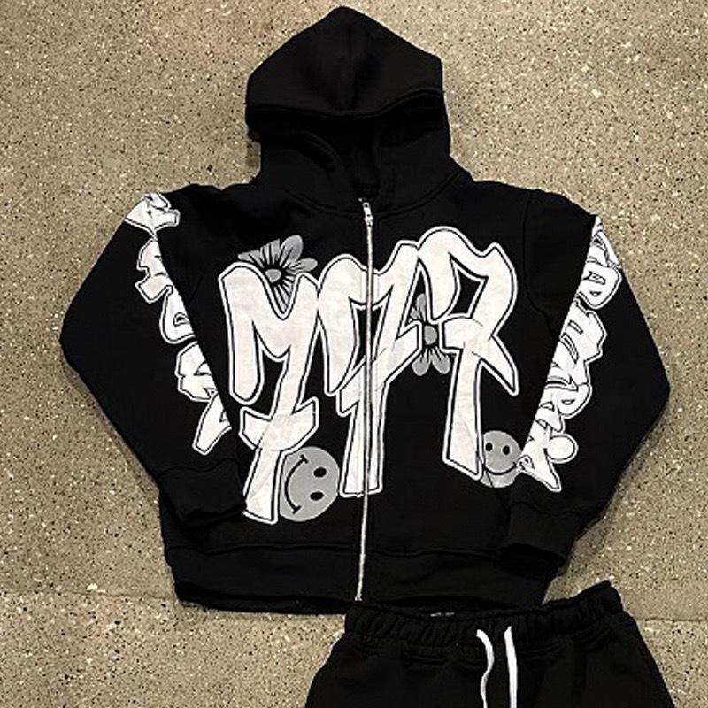 Trendy new men's and women's same pattern digital 3D printing loose hooded sweater jacket set