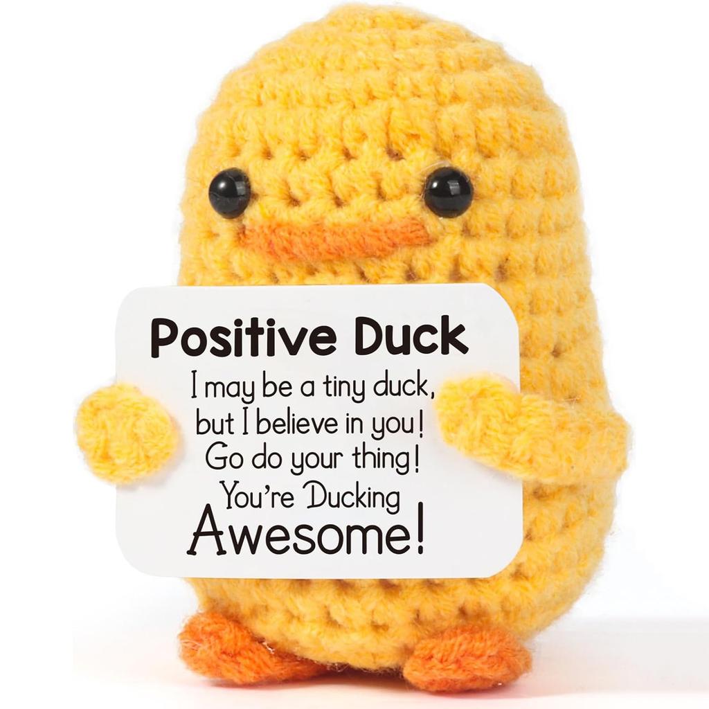 Positive Energy Duck Handmade Plush Wool Knitting Doll With Card Funny Crochet Duck Ornament Christams Gift Home Room Decoration