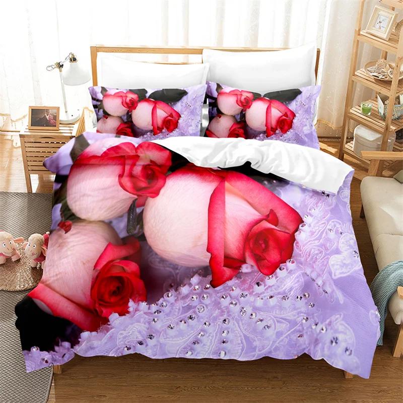 Comforter Rose Flower Bedding Set 4Pcs Pink Red 200X230 For Double Bed 3D Bedsheet 230X230 Full Size Thin Fabric