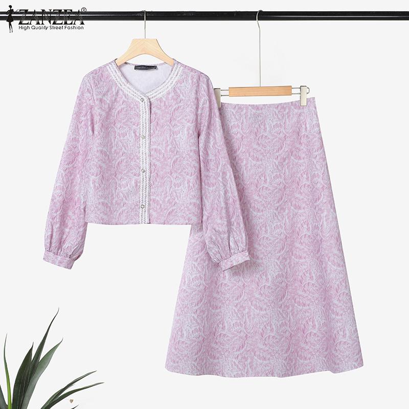 ZANZEA Women Long Sleeve Blouse and Long Skirts Print Casual Two Piece Suit Sets