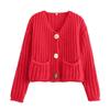 New Solid Color Single Row Round Button Sweater Women Comfortable Casual Double Pocket Coat Fashionable V-neck Knitted Tops