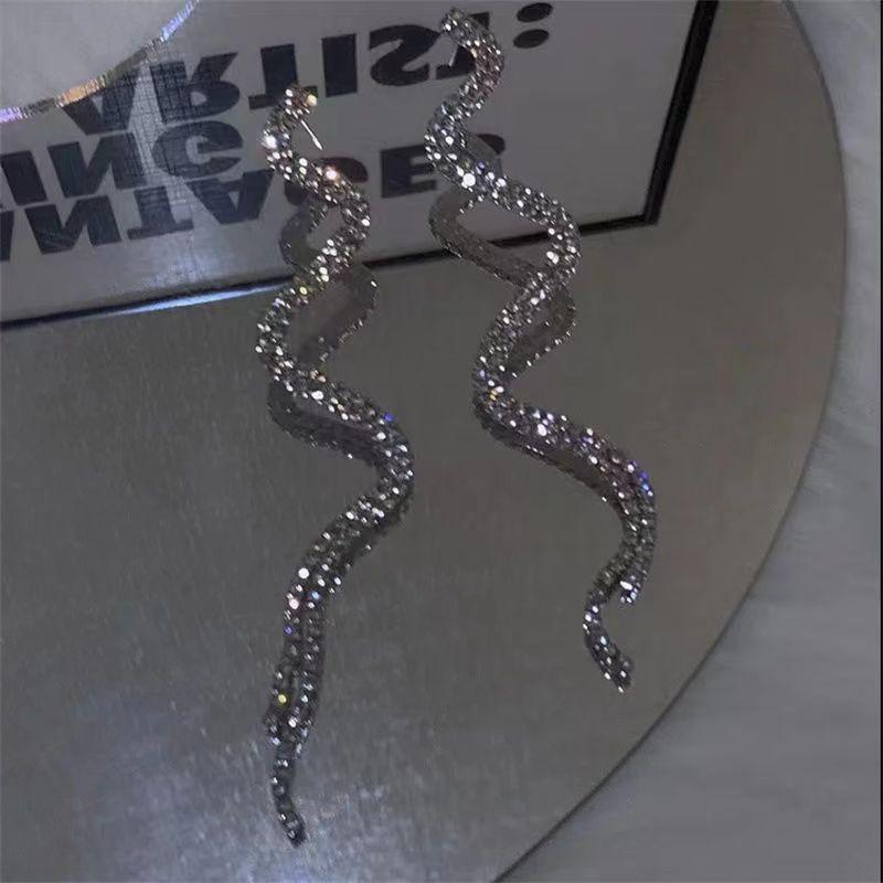 European and American Cold Wind Snake Shaped Full Diamond Earrings Exaggerate Fashionable Personality  Cool Temperament  Long and Niche Slim Earrings