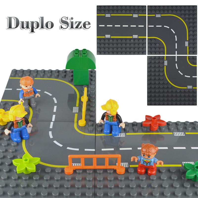 Большие частицы, городская дорога, улица, базовая пластина, прямая кривая, строительные блоки, совместимые с Duplo кирпичи, базовая пластина, детские игрушки