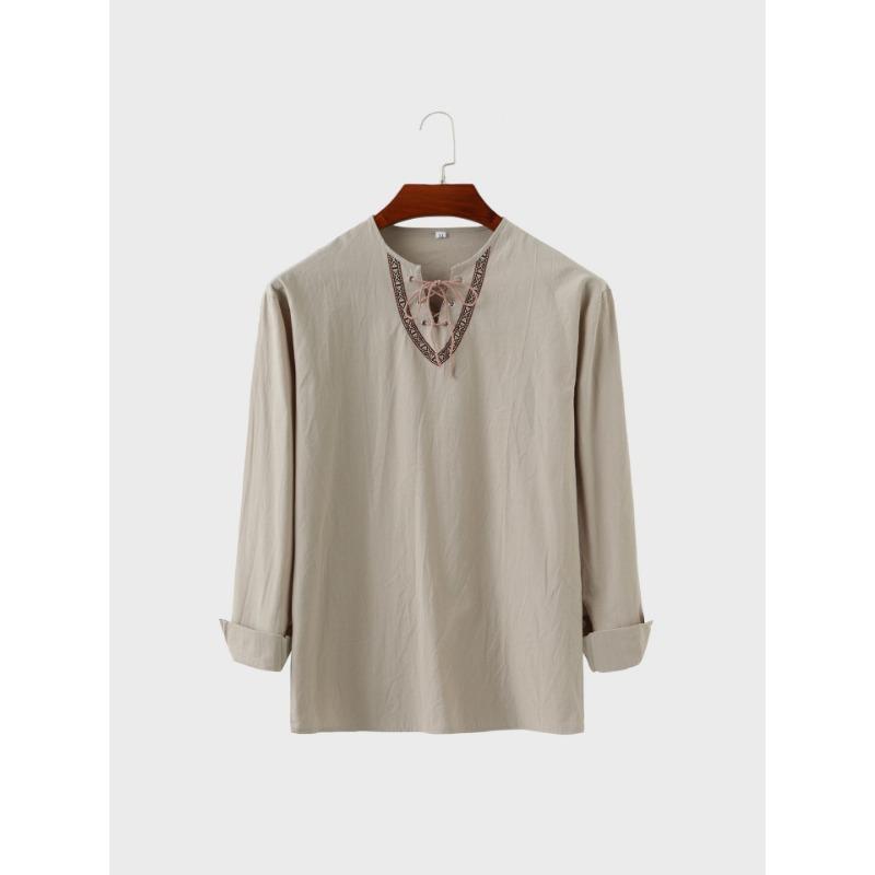 New Men's Loose Solid Color Drawstring Long Sleeve Shirt Cotton Hemp Collar Men's Shirt