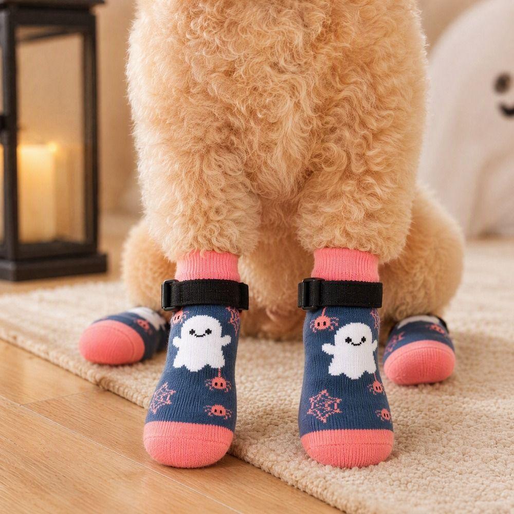 4PCS Soft Warm Halloween Pet Socks Breathable Paw Protectors Anti-Slip Dog Socks Winter Season