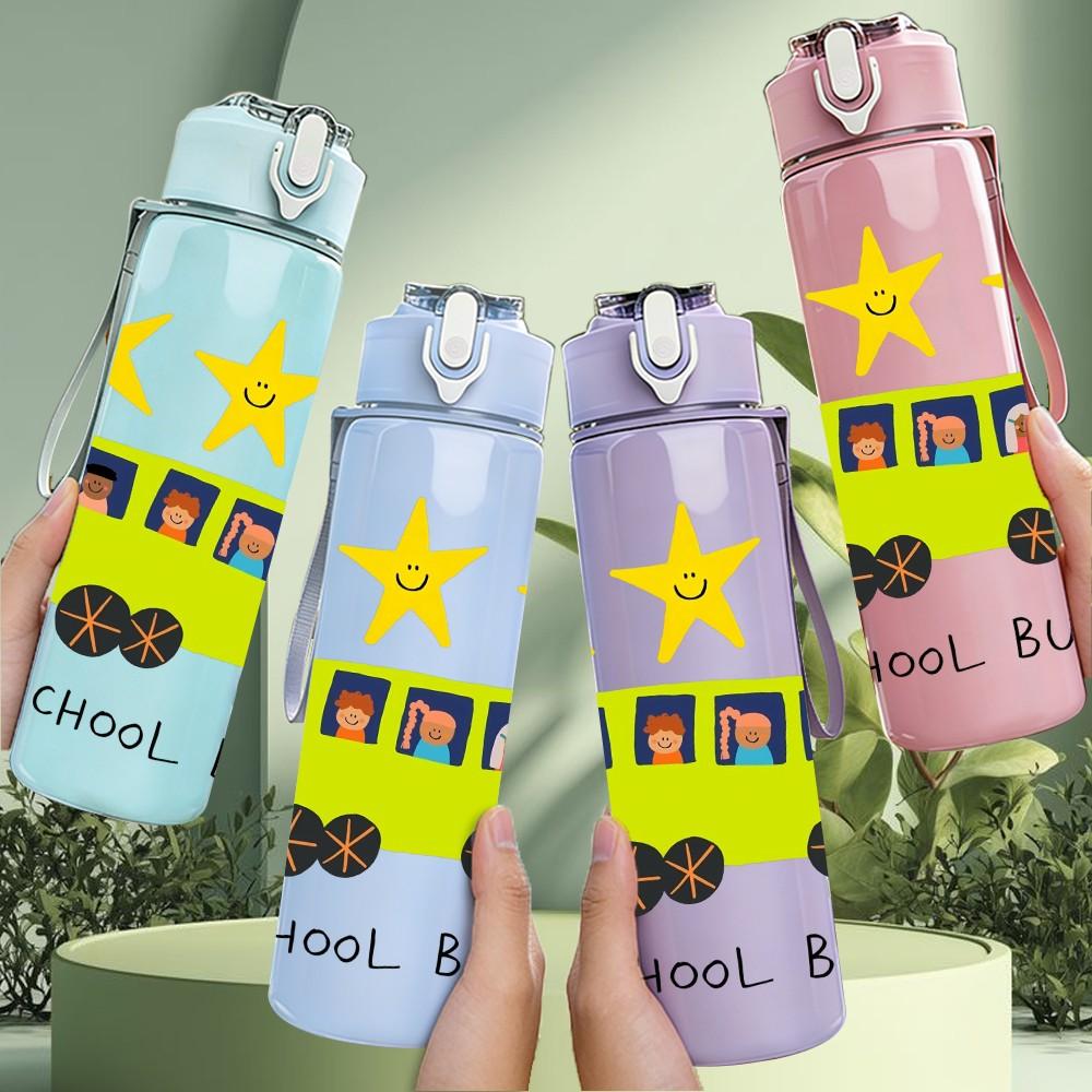 1PC School Bus Star Print 750ml Color Plastic Sports Water Bottle Leakproof Flip Straw Lid Suitable for Sports Office Home Use