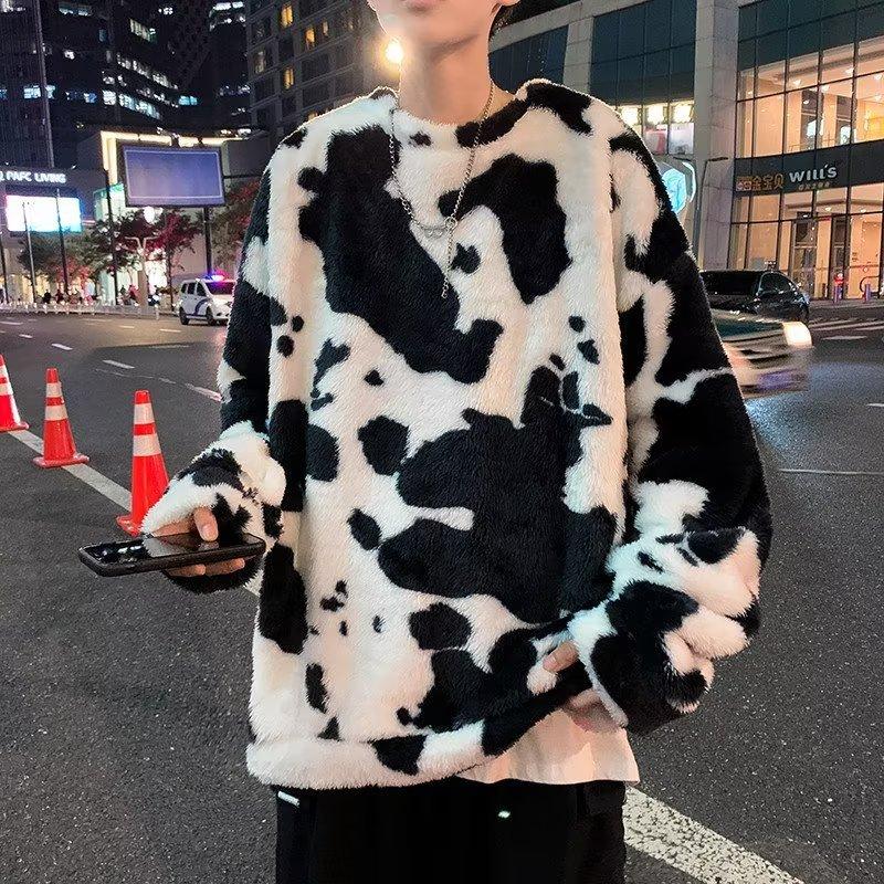 Cow Lamb Fleece Sweater Male Hip Hop Oversize Loose Thickened Coat Student Versatile Plush