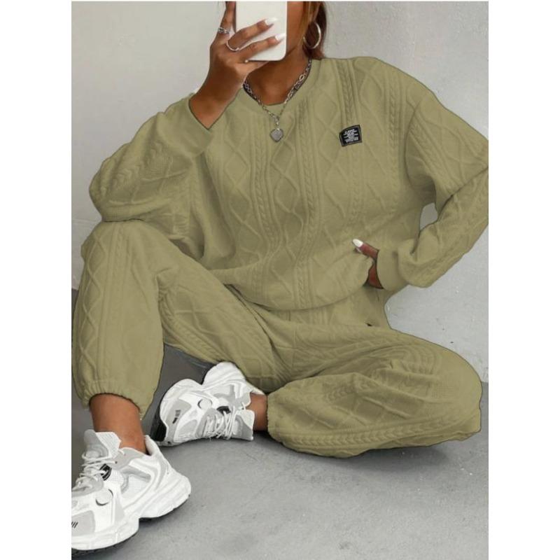 JKASHDK Женская мода повседневная весна осень однотонный принт длинный рукав О-образный вырез брюки брюки костюмы