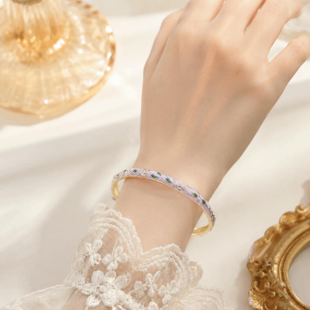Metal Cloisonne Bracelet Retro Enamel Flower Bangle Closed End Enamel Bracelet Ethnic Style