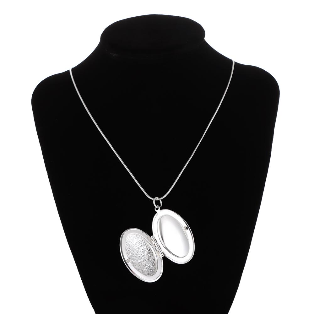 Charm women’s sanke Chain Round Box Pendant Photo Locket Necklace Silver Plated