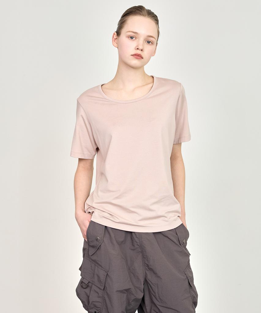 BASIC HOUSE Women'S U-Neck Oversized Stretch Short Sleeve T-Shirt Dark Beige Lats0210
