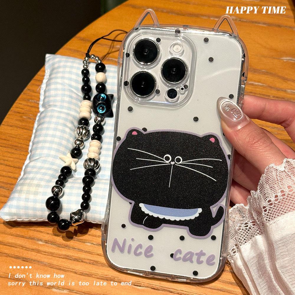 New Model Suitable for IPhone16promax Big Face Black Cat Protective Case Apple 15 Cute Polka Dot Lanyard Mobile Phone Case