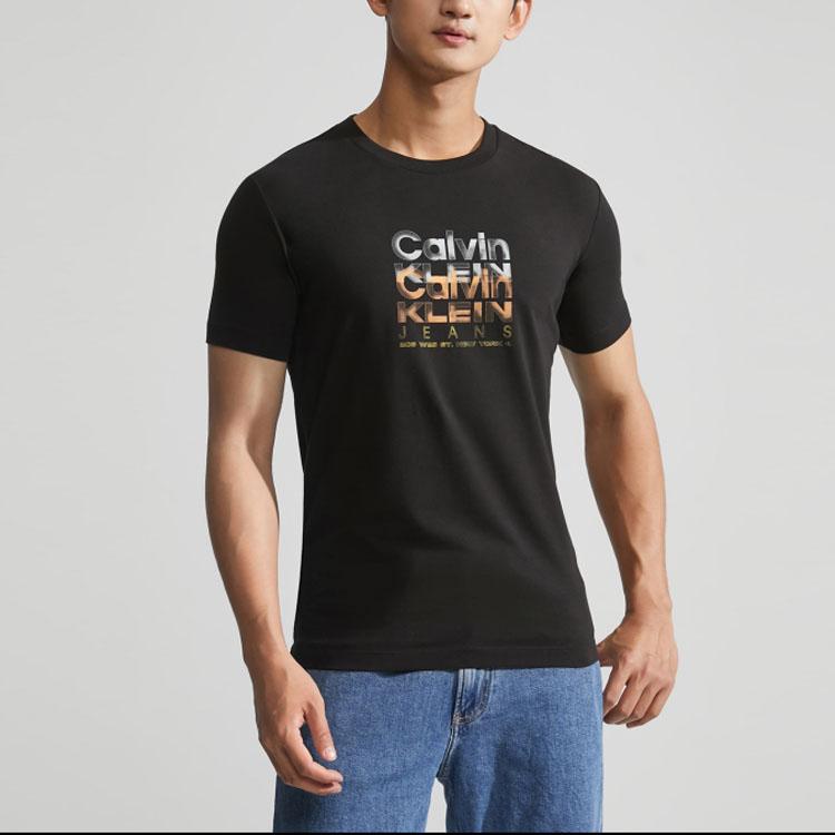 Calvin Klein Футболка с коротким рукавом и цветным жаккардовым узором, мужская, космически-черная, повседневная, с круглым вырезом J323923-BEH