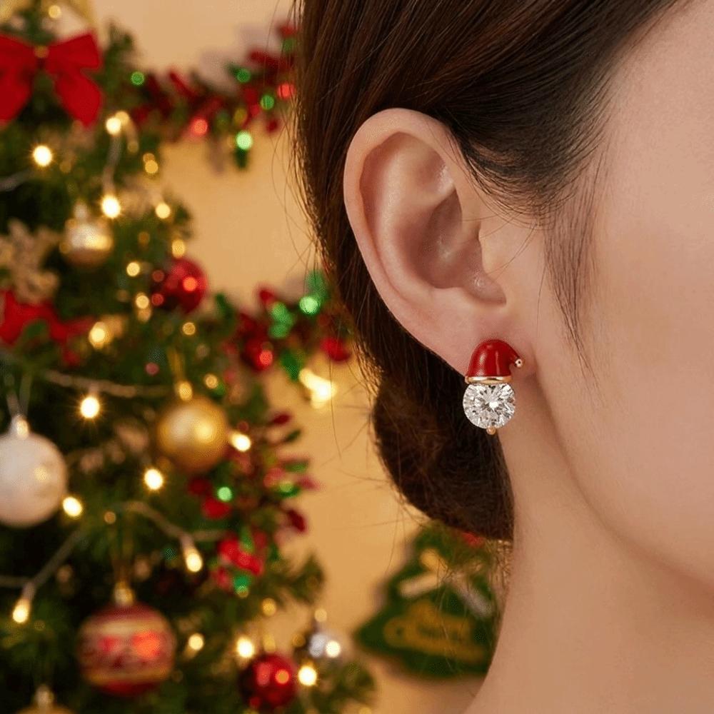 Sparkling Christmas Stud Earrings Red Enamel Rhinestone Ball Earrings Santa Hat Earrings Women