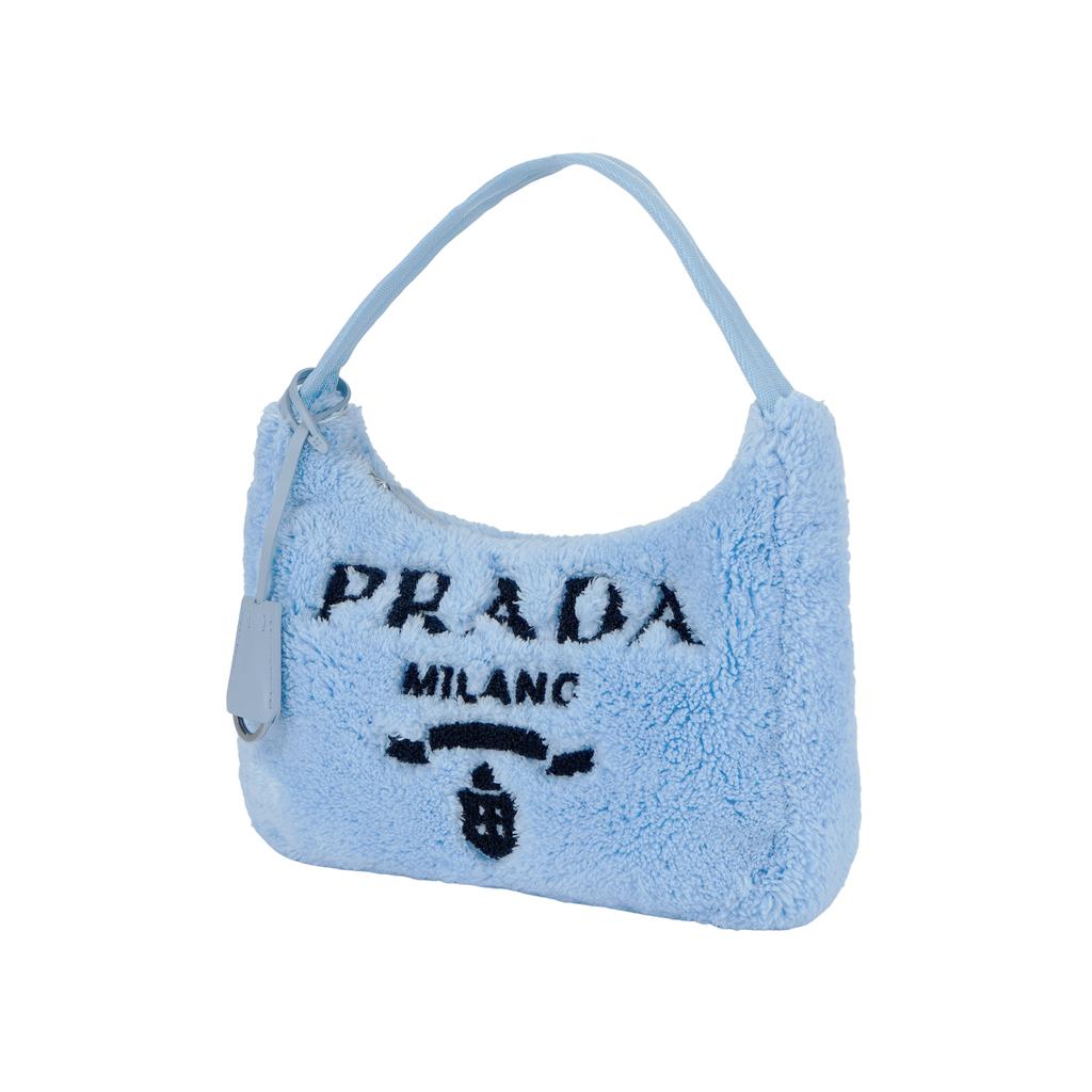 Prada Re-Edition Embroidered Logo Accent 2000 Soft Terry Fabric Hobo Shoulder Bag Mini Women bags Light-Blue Black 1NE515_2DXO_F0D4O