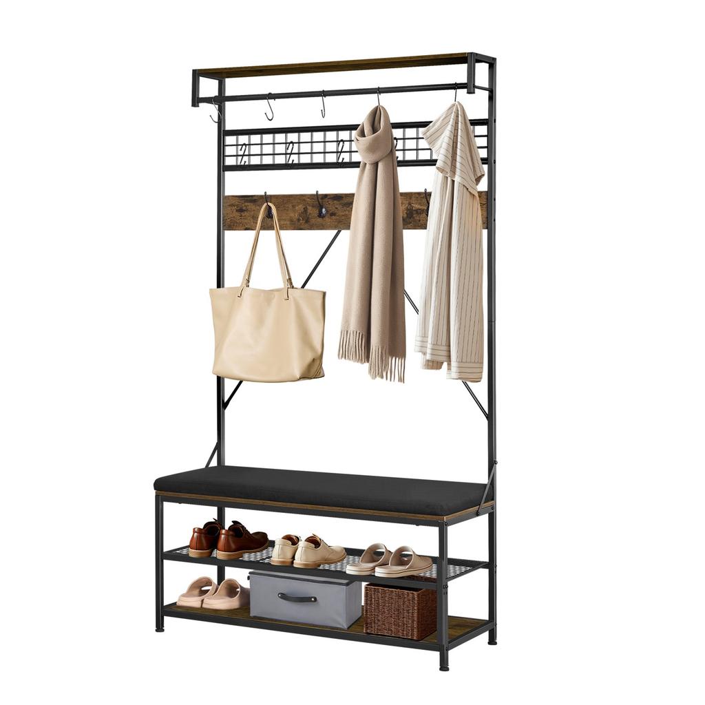 VEVOR Hall Tree, 1830 mm Coat Rack with Shoe Bench, 2-Tier Freestanding Shoe Rack Storage Organizer with Hooks, Hanging Rod and Wire Shelf