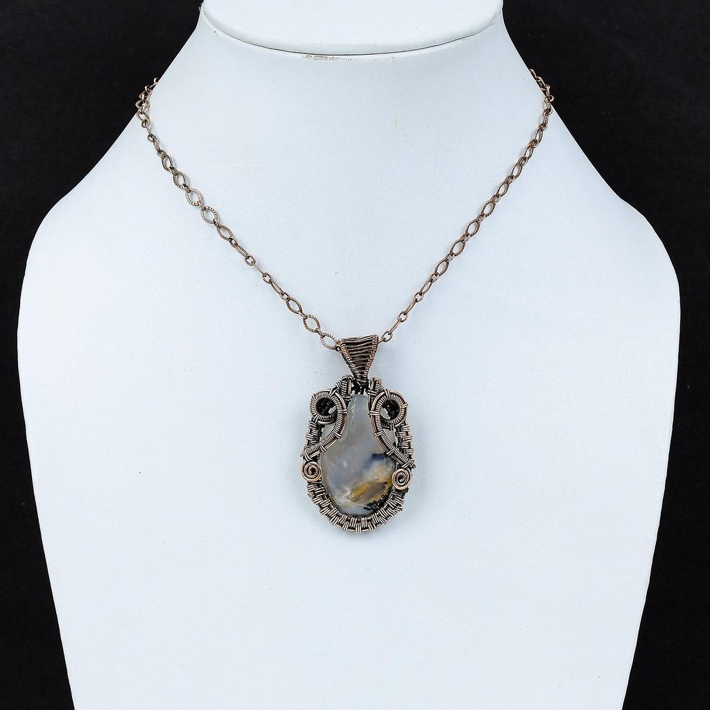 Кулон с агатом, медная проволока, кулон, дизайнерский кулон, проволочная обмотка, ювелирные изделия из драгоценных камней, кулон ручной работы, медные украшения, подарок на годовщину