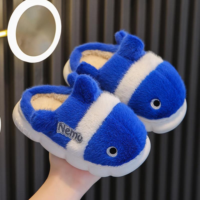 For Boy Toddler New Slippers Kids Indoor Winter Cartoon Fish Plush Warm House Footwear Soft Rubber Sole Home Shoes