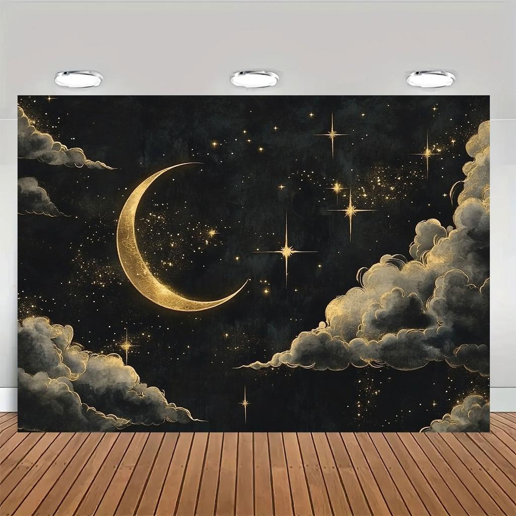 1 banra colgante fibra poliéster con fondo cielo nocturno, sol, luna, XINGX y nubes para coración cumpleaños, Na