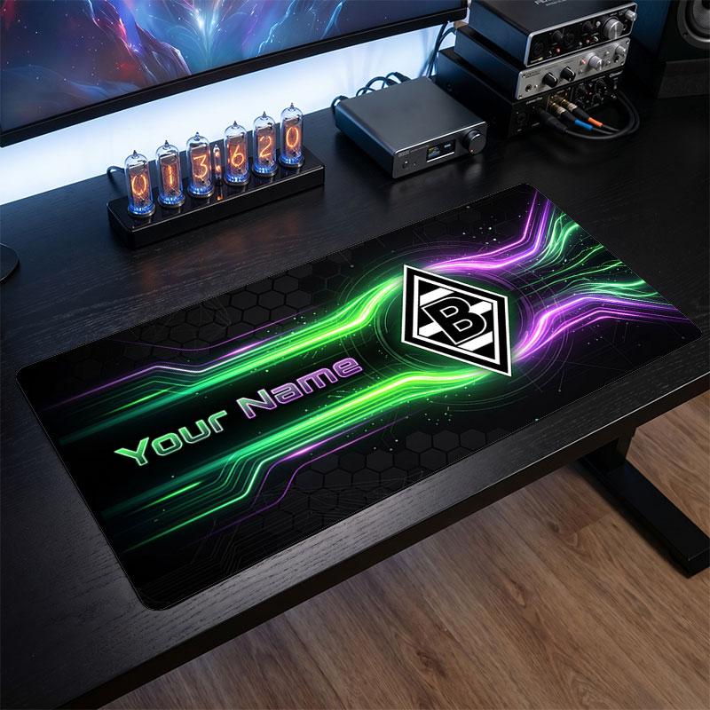 Borussia Mönchengladbach Custom Large Mouse Pad, Personalized Name Text Print, Football Logo Non‑Slip Desk Mat Gaming Gift