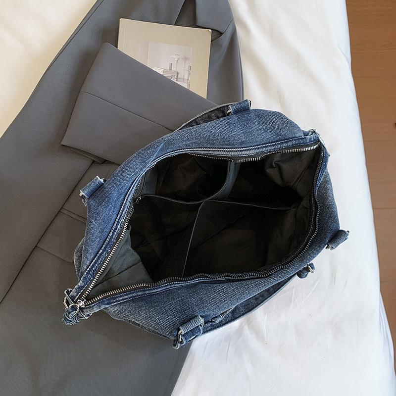 Women Denim Shoulder Bag Casual Tote Handbag with Multi Zipper Pockets
