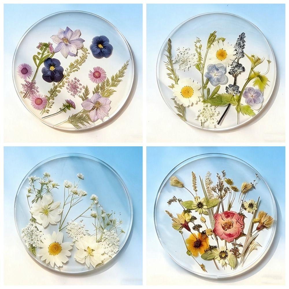 Round Floral Print Coasters Transparent Cup Mat Durable Insulation Pad  Tea Table