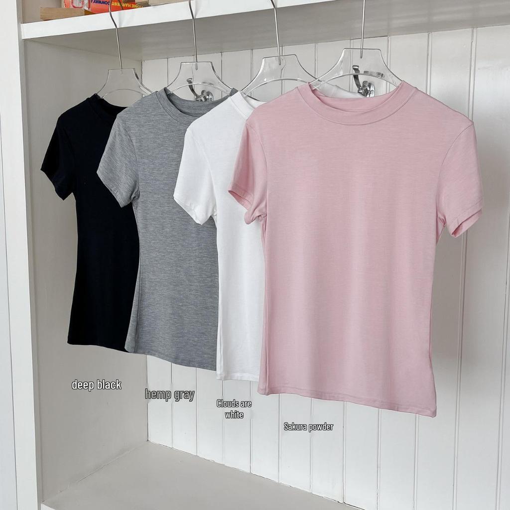 Женская приталенная футболка с коротким рукавом и круглым вырезом - Ощущение обнаженности, Прямое плечо, Удобная посадка