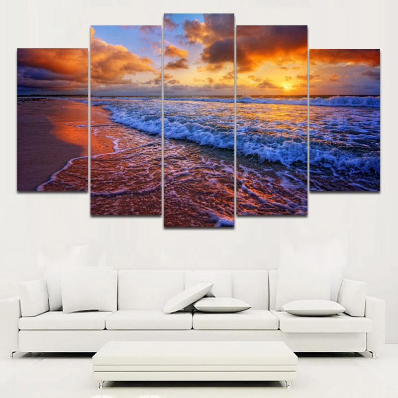 5 панелей, плакаты с морским пляжем, принты, морской пейзаж, пейзаж, настенное искусство, холст, картины, волны, восход солнца, фотографии, современный домашний декор, без рамы