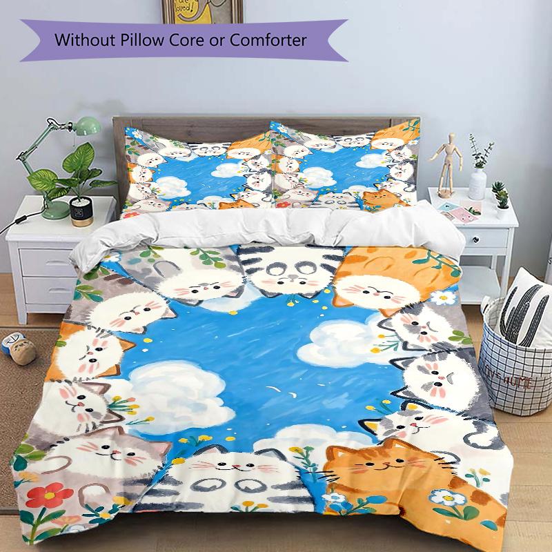 3pcs Sunny Days and Cats Quilt Cover Set - Soft & Comfortable Polyester Fabric, All-Season Breathable Comforter Set For 1 Quilt Cover & 2 Pillowc