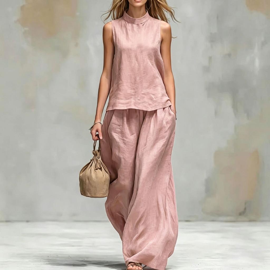 Cross-border 2026 Amazon Independent Station European and American women's stand-up collar cotton and linen solid color sleeveless top and pants