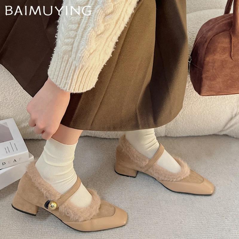 Меховые квадратные носки женские туфли на плоской подошве с пряжкой на толстом среднем каблуке элегантные туфли 2025 года модные зимние короткие плюшевые туфли-лодочки Zapatos Ladies