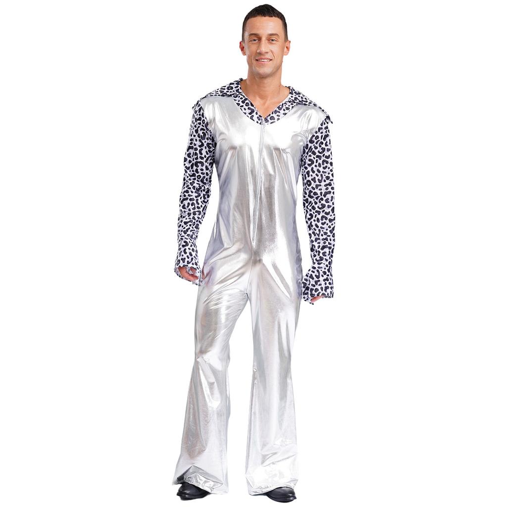 Men Hippie Romper V Neck Lapel Flare Sleeves Bell Bottom Jumpsuit Patchwork Design Music Festival Wear