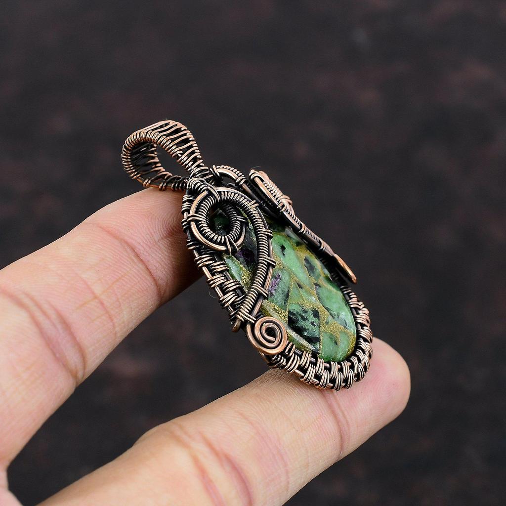 Медный Рубин Цоизит Кулон Медная Проволока Обернутый Кулон Ювелирные Изделия Ручной Работы Бохо Подвеска Из Натурального Драгоценного Камня Подарок Для Мамы Дизайнерские Медные Ювелирные Изделия