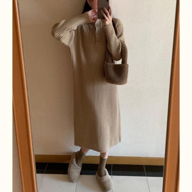 Ретро свободное и тонкое вязаное платье для женской осени и зимы, новое, средней длины, юбка-свитер для ношения под низ, трендовое