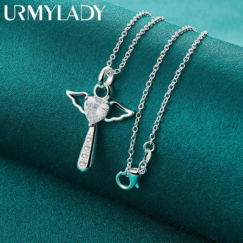 URMYLADY 925 Sterling Silver Cross Angel AAAAA Zircon Pendant Necklace For Women Wedding Engagement Fashion Jewelry