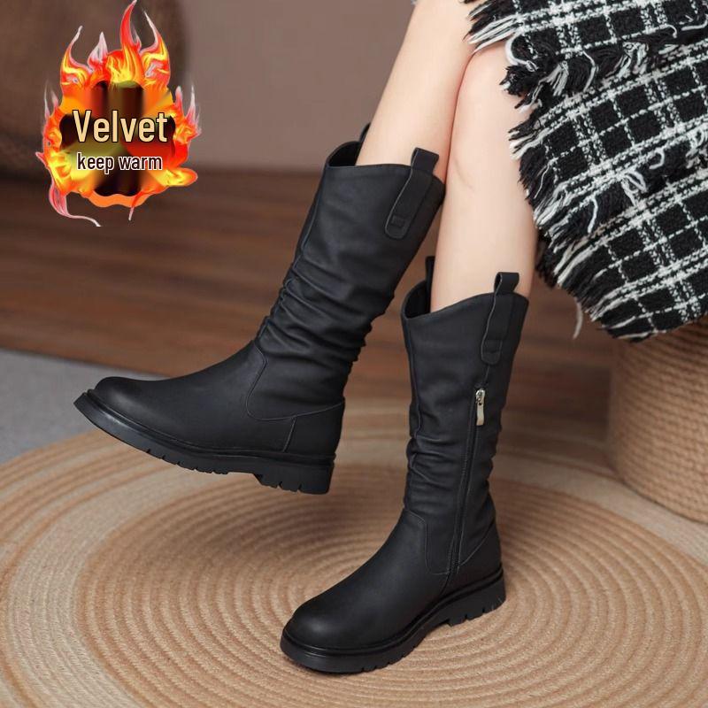 Женские мартинсы до середины икры на плоском каблуке 2025 - Новый весенне-осенний стиль с бархатной подкладкой, идеально подходят к юбкам