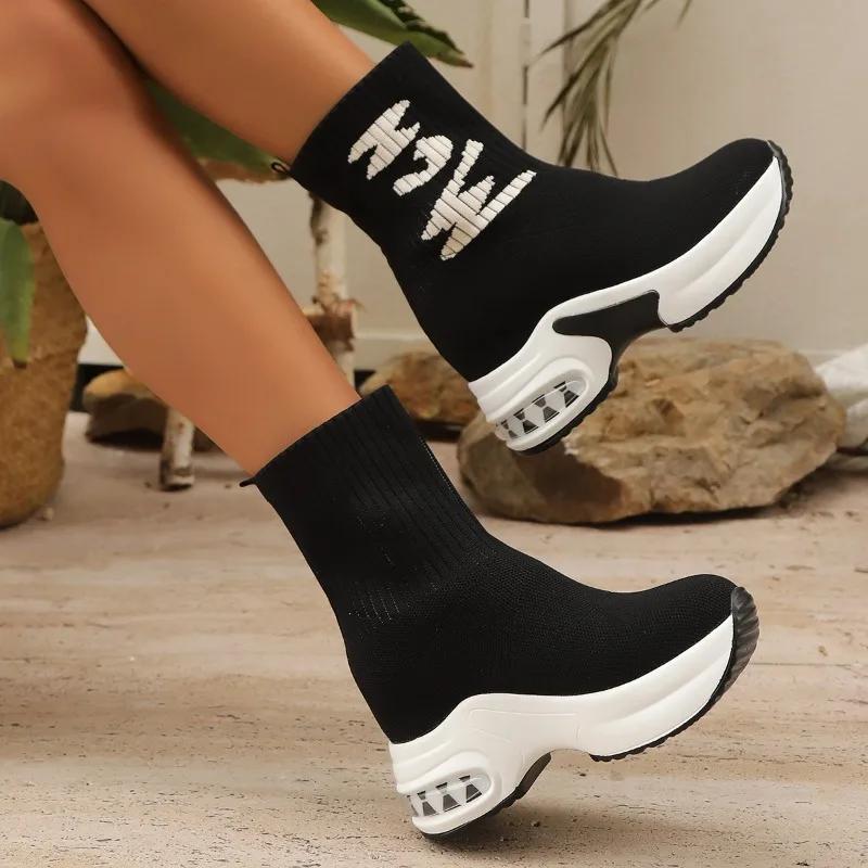 Модные женские вязаные сапоги на толстой подошве, слипоны, дышащие женские сапоги - модные, повседневные и гладкие