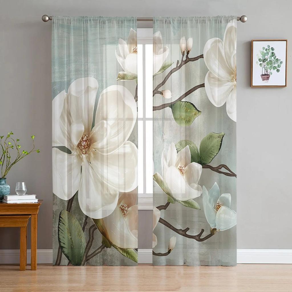 Идиллические белые цветы, винтажные фоновые тюлевые шторы для гостиной, кухни, современные оконные занавески, вуали