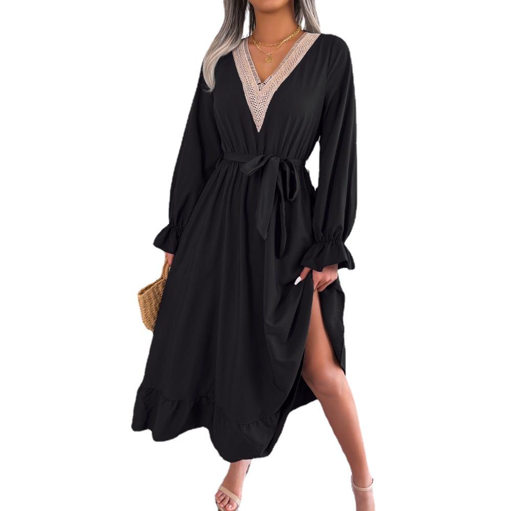 GMXIA Женские модные весенне-осенние однотонные коктейльные и вечерние платья с длинным рукавом и v-образным вырезом