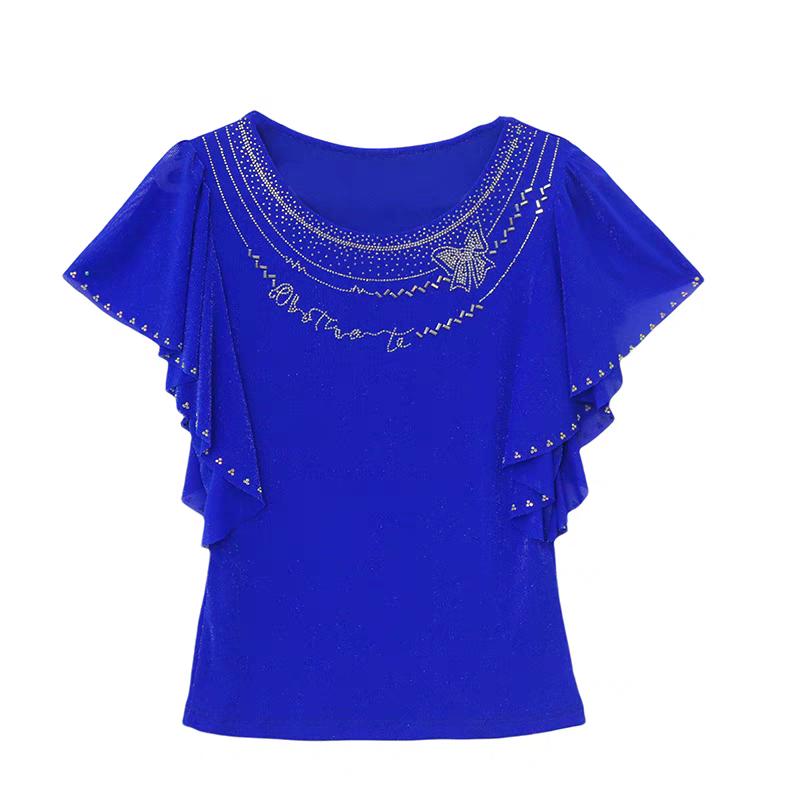 Летняя Новая Элегантная Футболка из Сетки с Короткими Рукавами и Круглым Вырезом Модные Рюши Горячие Бриллианты Женские Футболки Шикарные Рукава-Бабочки Повседневные Топы