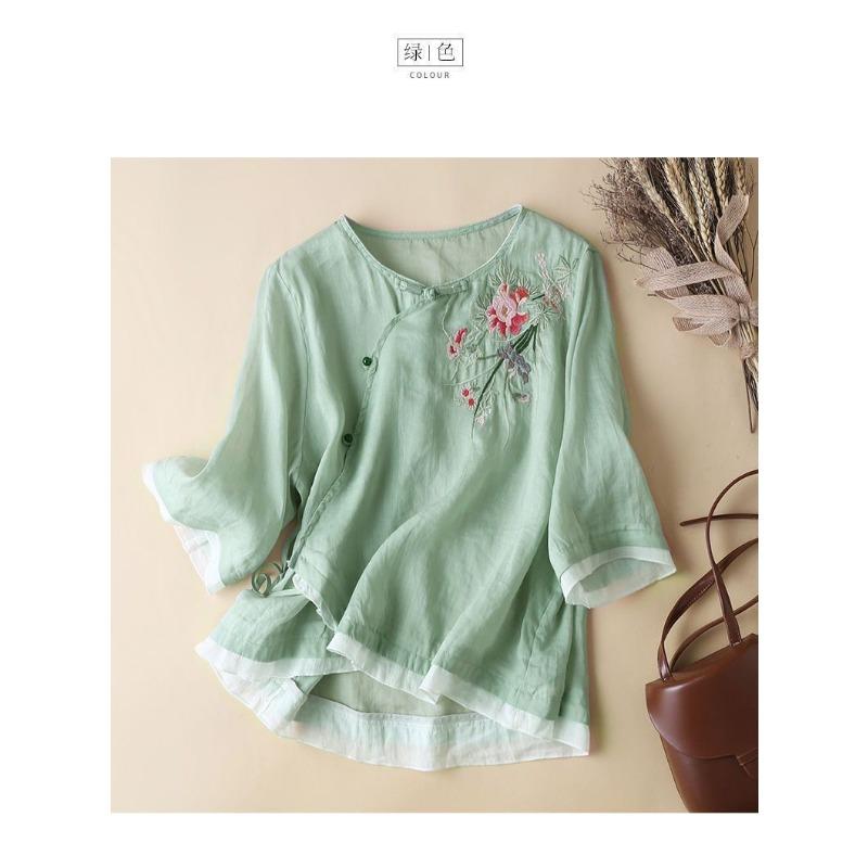 Этническая льняная рубашка с вышивкой, рукавом три четверти и косой планкой для женского летнего нового топа-блузки