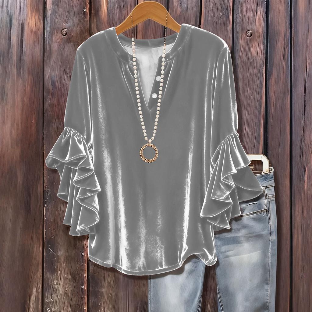 Женский модный однотонный пуловер с V-образным вырезом, рукавом три четверти, на пуговицах, универсальный, свободный, с расклешенным рукавом из золотого бархата