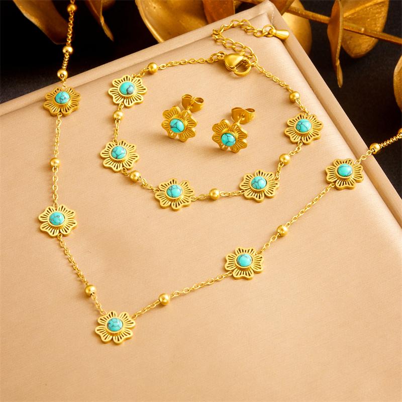 DIEYURO 316L StainlessTurquoise Hollowed Out Flower Necklace Earrings Bracelet Suit Women Concise Trend Non-fading Jewelry Set