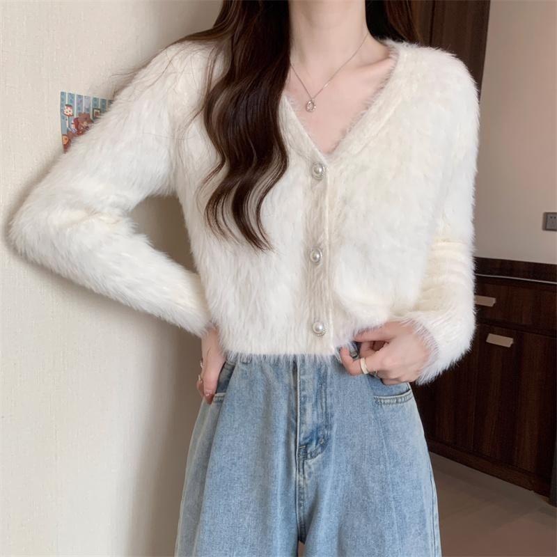 Нежный флисовый свитер с имитацией норки, женский кардиган на осень и зиму, свободный мягкий клейкий кардиган с v-образным вырезом, пальто, женский свитер